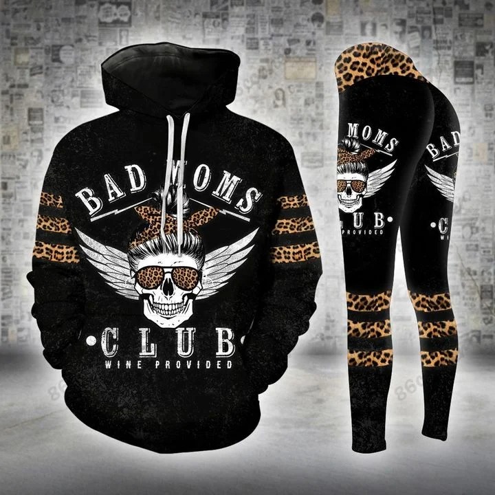 Skull bad moms club wine provided 3D hoodie and legging