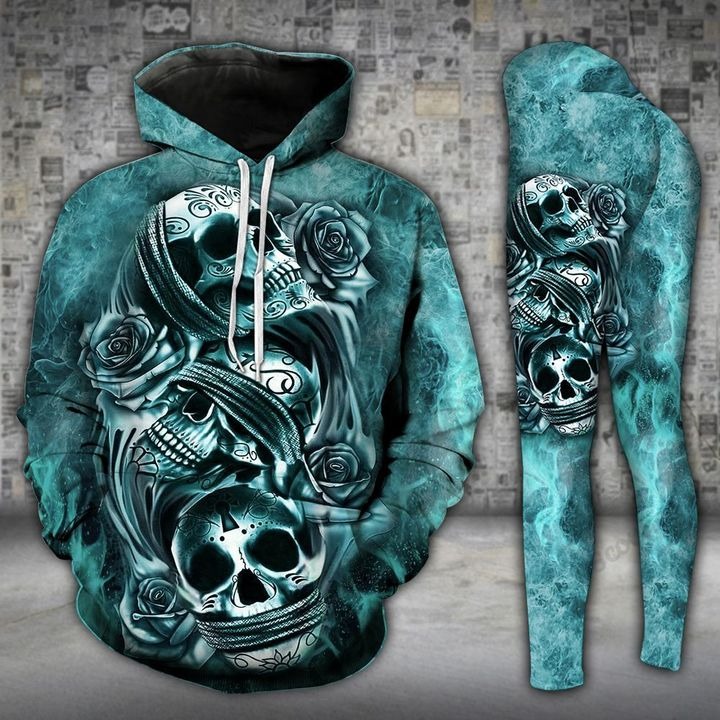 Skull trio turquoise 3D hoodie and legging