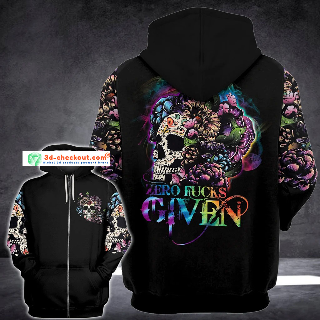 Floral sugar skull zero fucks given 3D hoodie zip