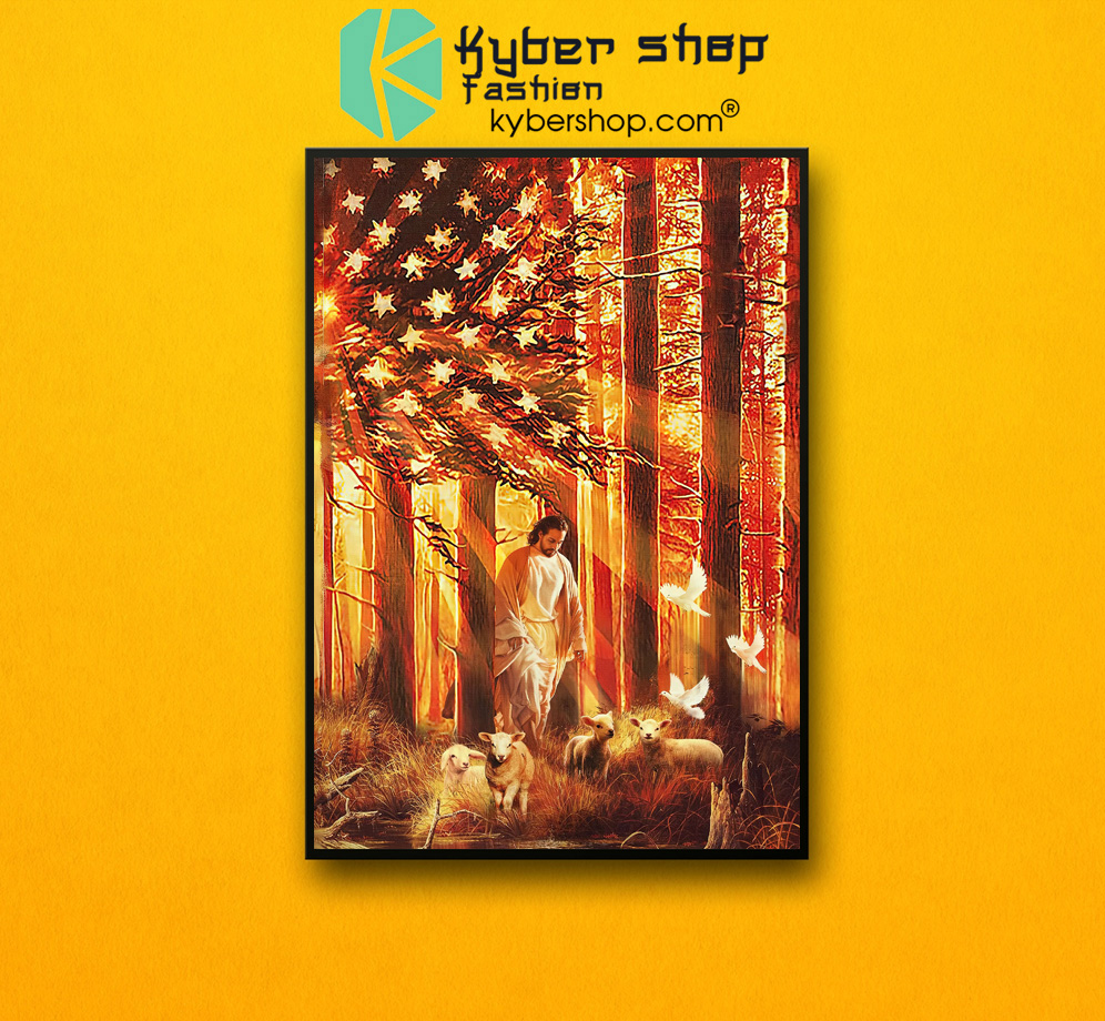 American flag Jesus walking with the lambs poster, canvas 4 American flag Jesus walking with the lambs poster canvas 2