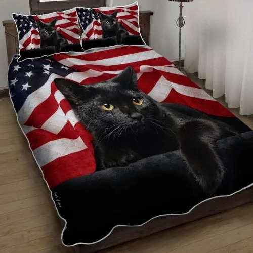 Black cat American flag quilt bedding set