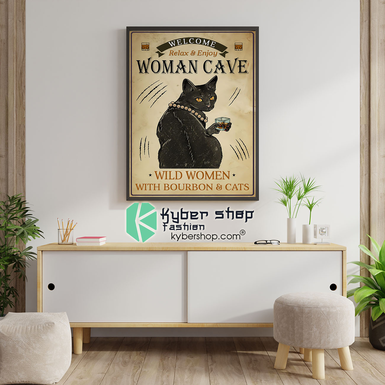 Welcome relax enjoy woman cave will women with bourbon and cats poster 1