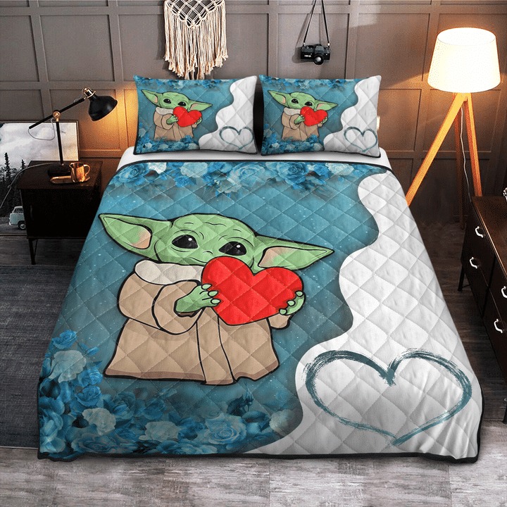 Baby Yoda heart flower quilt bedding set 1