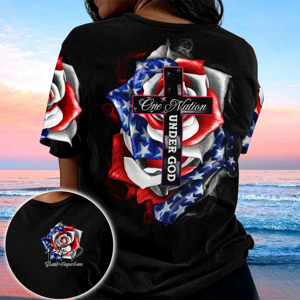 Cross Rose American flag One nation under god 3D hoodie shirt