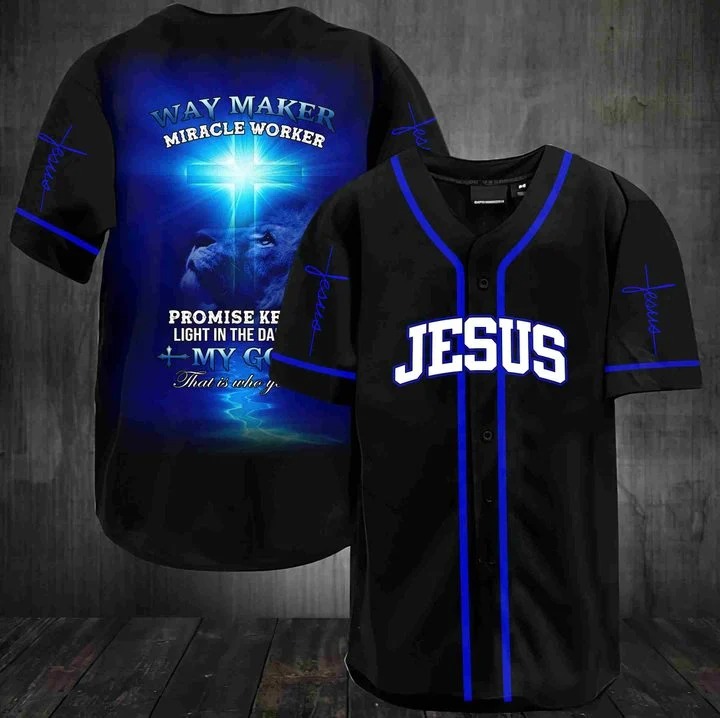 Jesus way maker miracle worker promise keeper light in the darkness Baseball Jersey