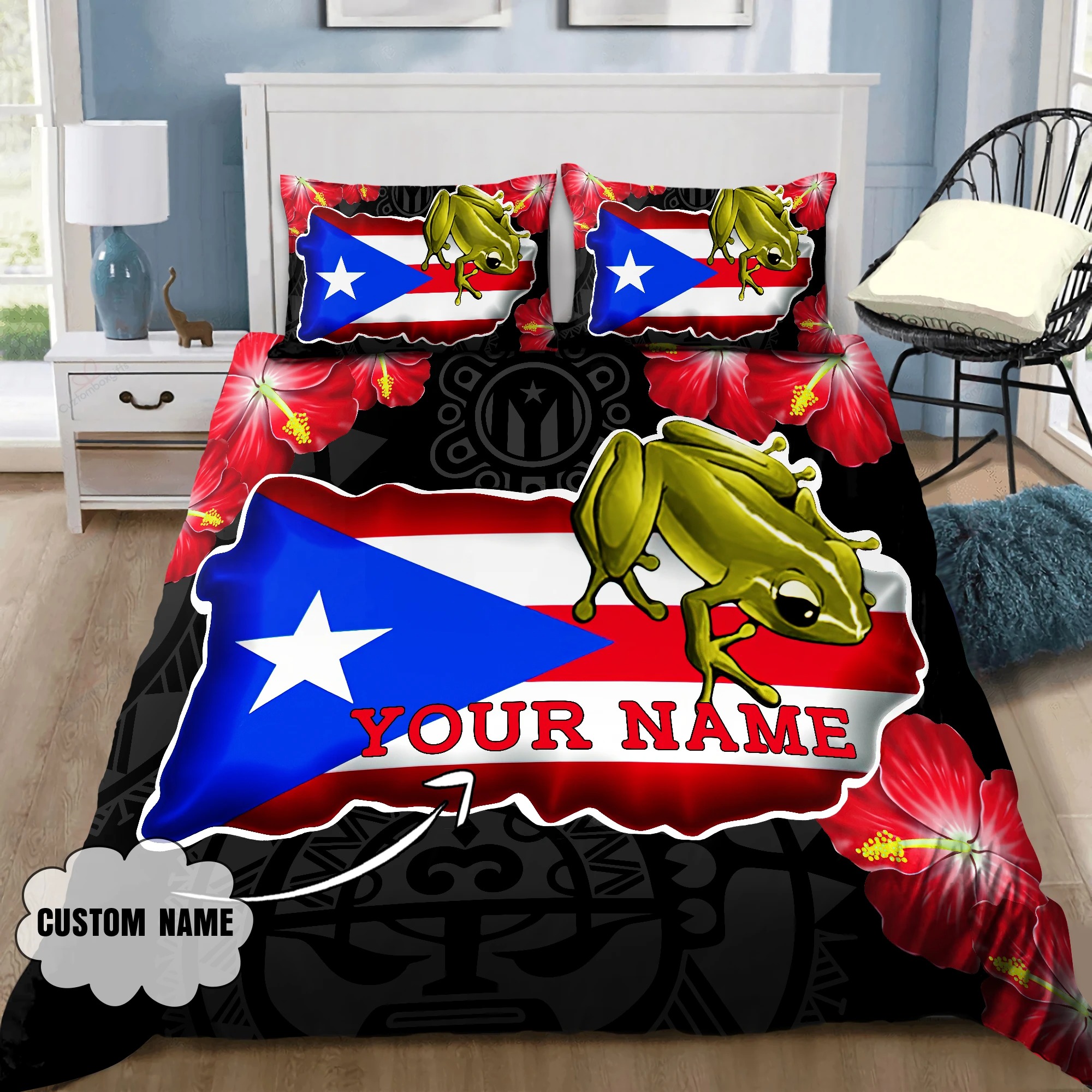 Frog Coqui and love puerto Rico custom name bedding set