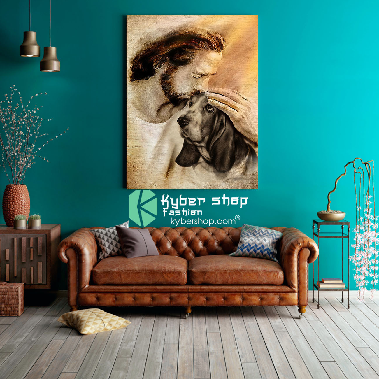 Jesus with lovely Basset hound for dog lover poster 3