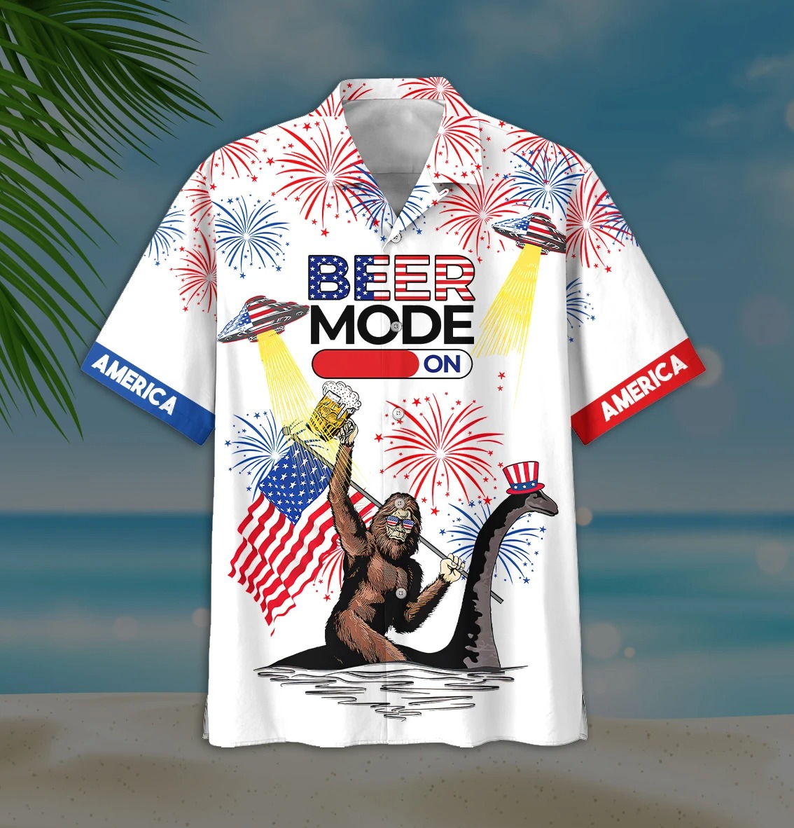 America Bigfoot Beer Mode on Hawaiian Shirt