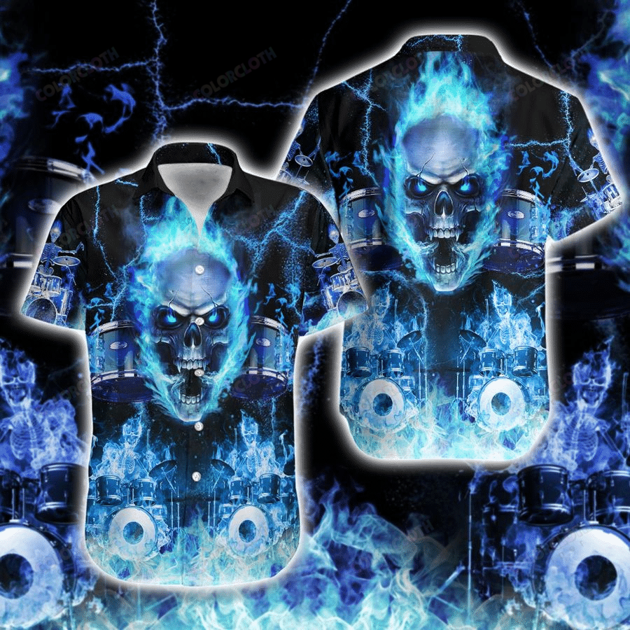 Skull Blue Flame Skeleton Drummer Hawaiian Shirt