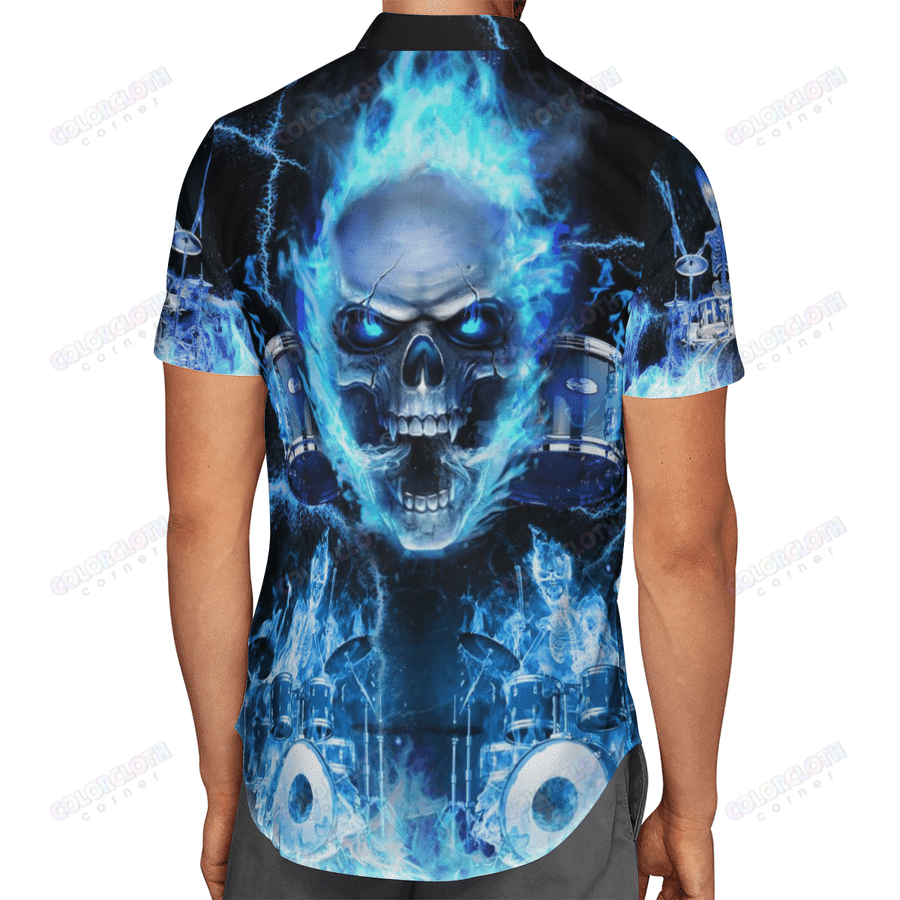 Skull Blue Flame Skeleton Drummer Hawaiian Shirt 4 Skull Blue Flame Skeleton Drummer Hawaiian Shirt2