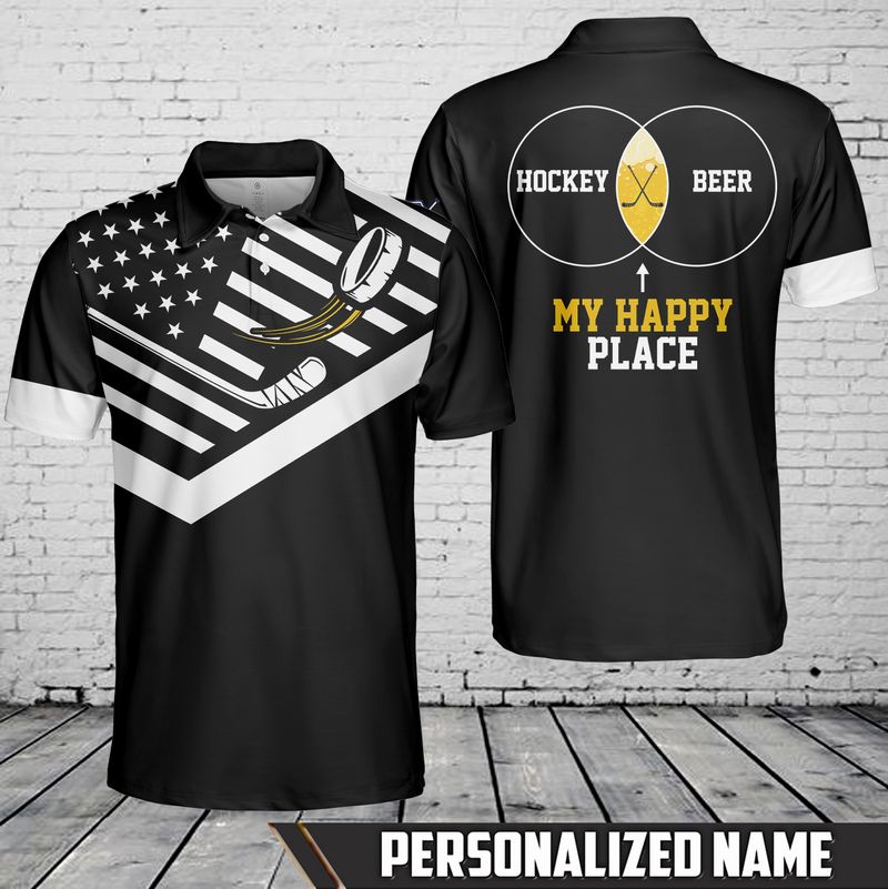 American Flag Hockey And Beer My Happy Place Custom Name Polo Shirt