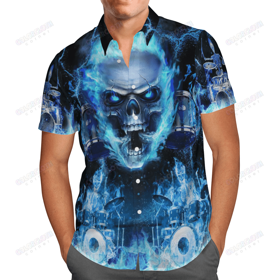 Skull Blue Flame Skeleton Drummer Hawaiian Shirt 3 Skull Blue Flame Skeleton Drummer Hawaiian Shirt1