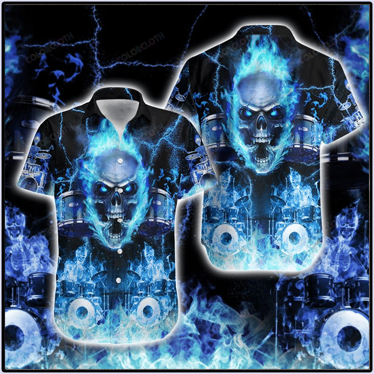 Skull Blue Flame Skeleton Drummer Hawaiian Shirt 5 Skull Blue Flame Skeleton Drummer Hawaiian Shirt3