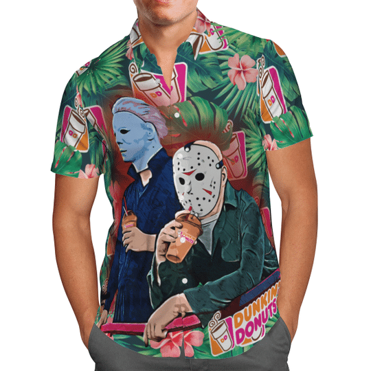Jason Voorhees and Michael myers Dunkin Donut hawaiian shirt 3 26 Jason Voorhees and Michael myers Dunkin Donut hawaiian shirt 2