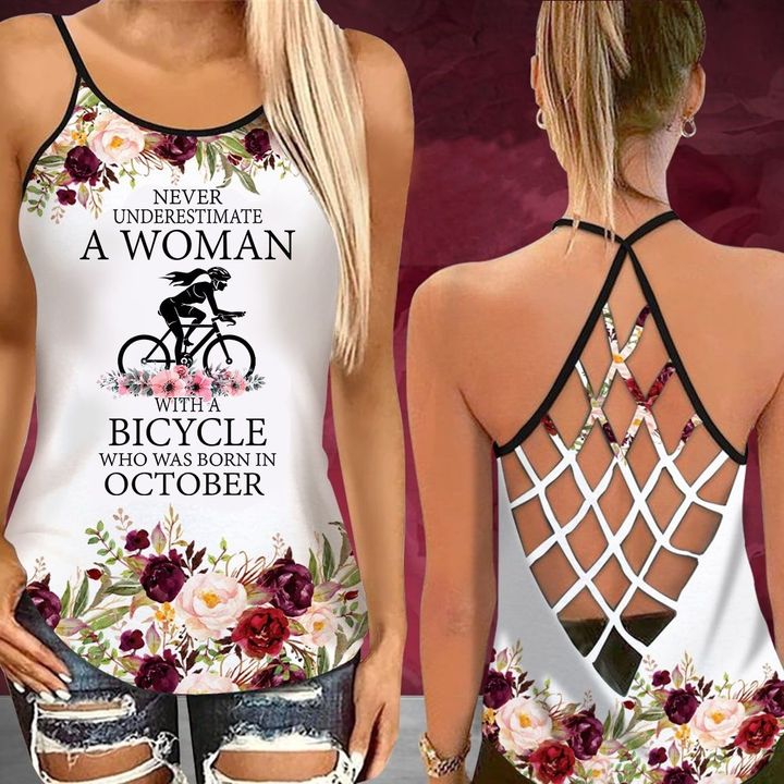 Never underestimate a women with a bicycle who was born in October criss cross tank top