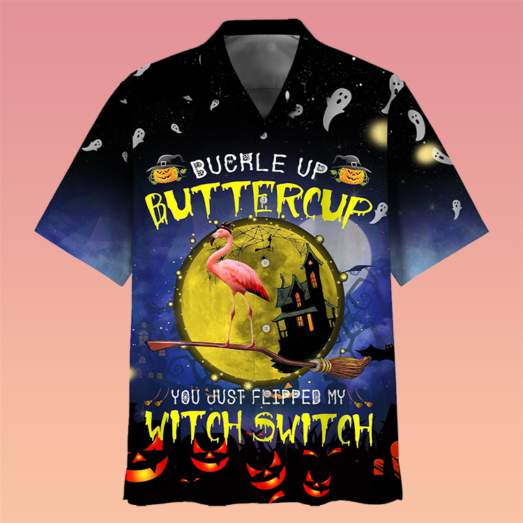 Flamingo Halloween Buckle Up Buttercup You Just Flipped My Witch Switch Hawaiian Shirt And Short 4
