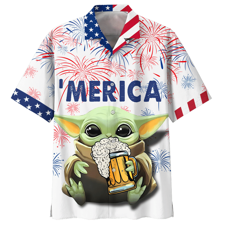 26 Baby Yoda with beer Merica Hawaiian shirt 1