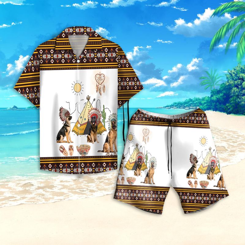 Native american camping with german shepherd dog hawaiian shirt and short men 1