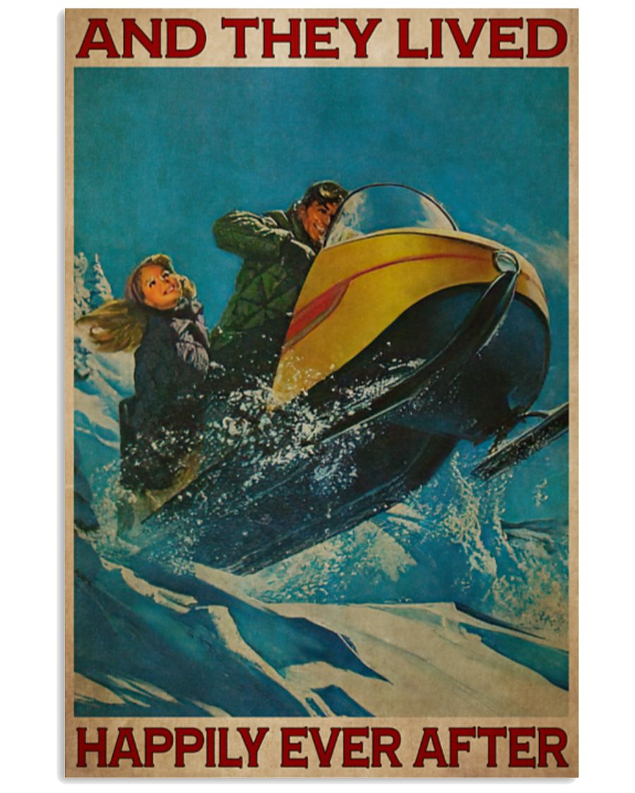 Couple snowmobile and they lived happily poster