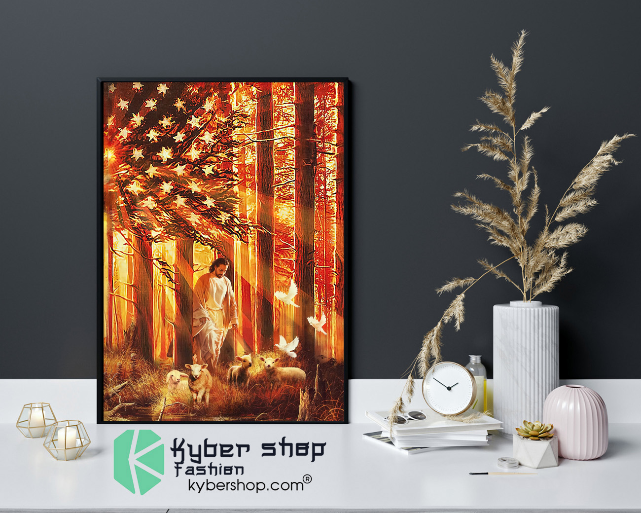 American flag Jesus walking with the lambs poster canvas 4