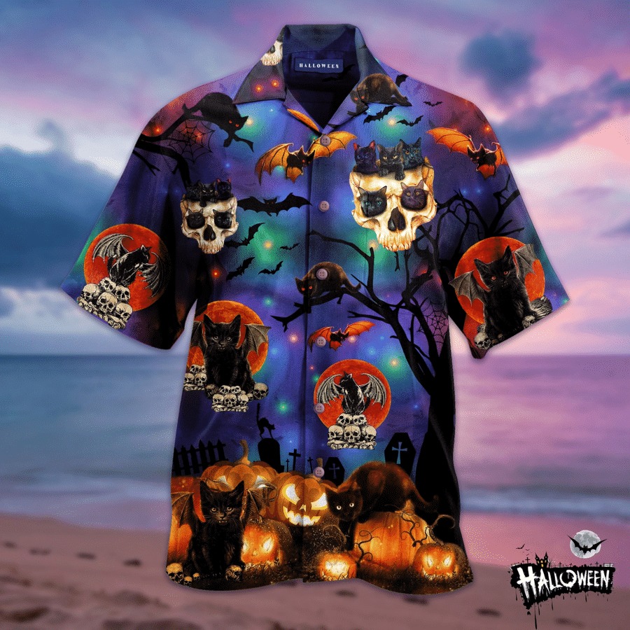 Halloween Cat and Skull Hawaiian Shirt 1 Halloween Cat and Skull Hawaiian Shirt