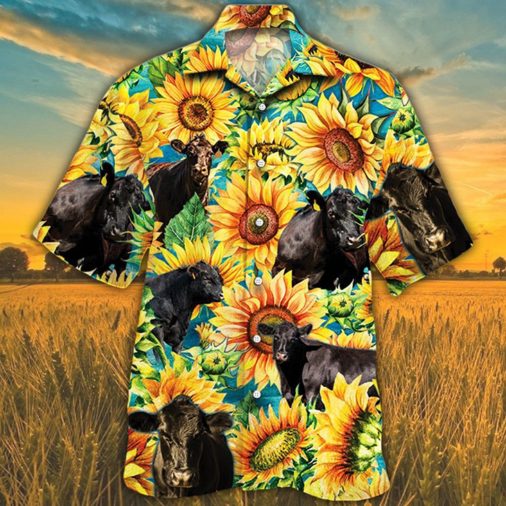Black Angus Cattle Lovers Sunflower WaterColor Hawaiian Shirt