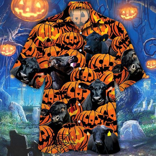 Black angus cattle halloween pumpkin hawaiian shirt Black angus cattle halloween pumpkin hawaiian shirt