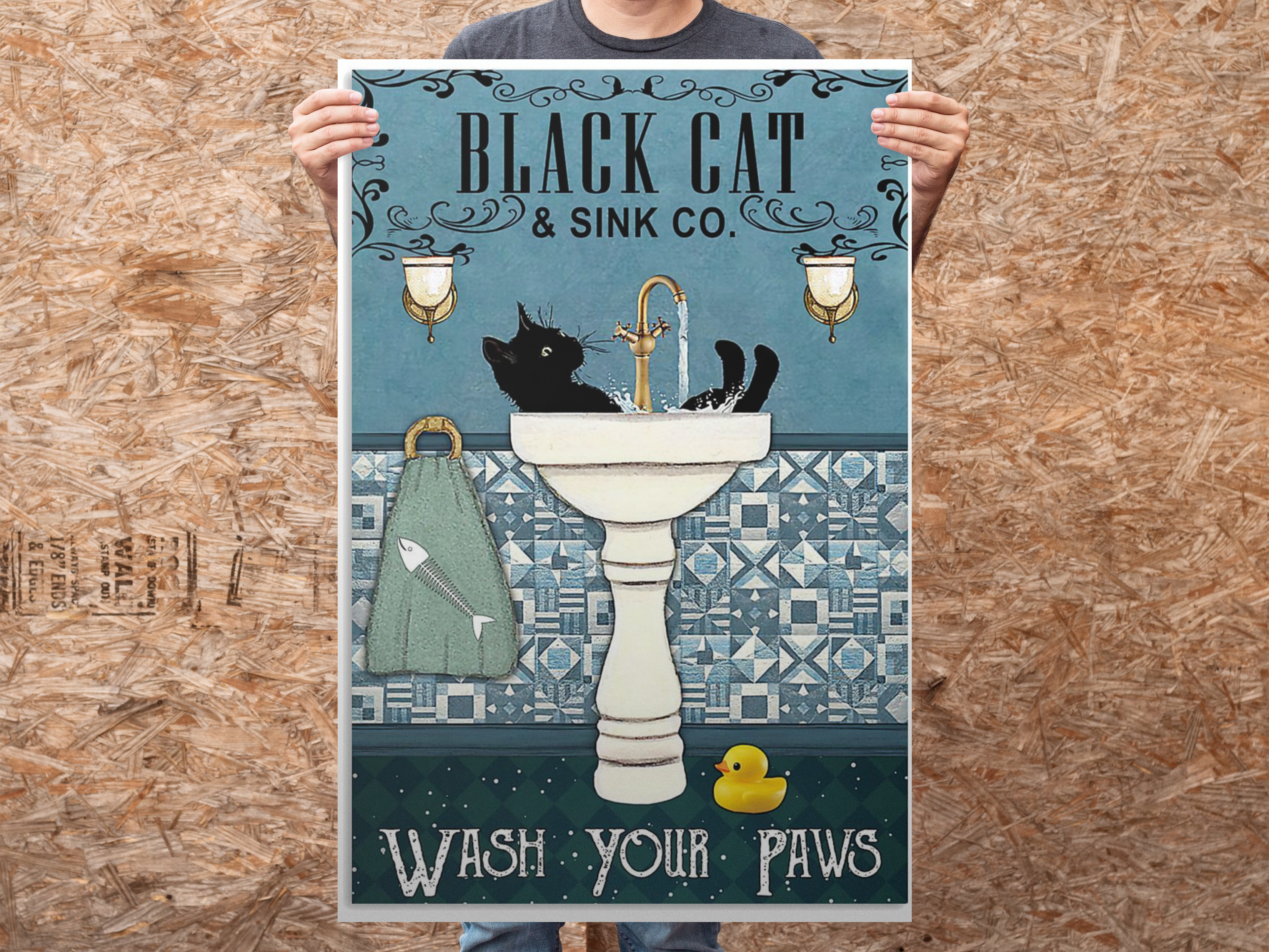 Black cat and sink co wash your paws poster