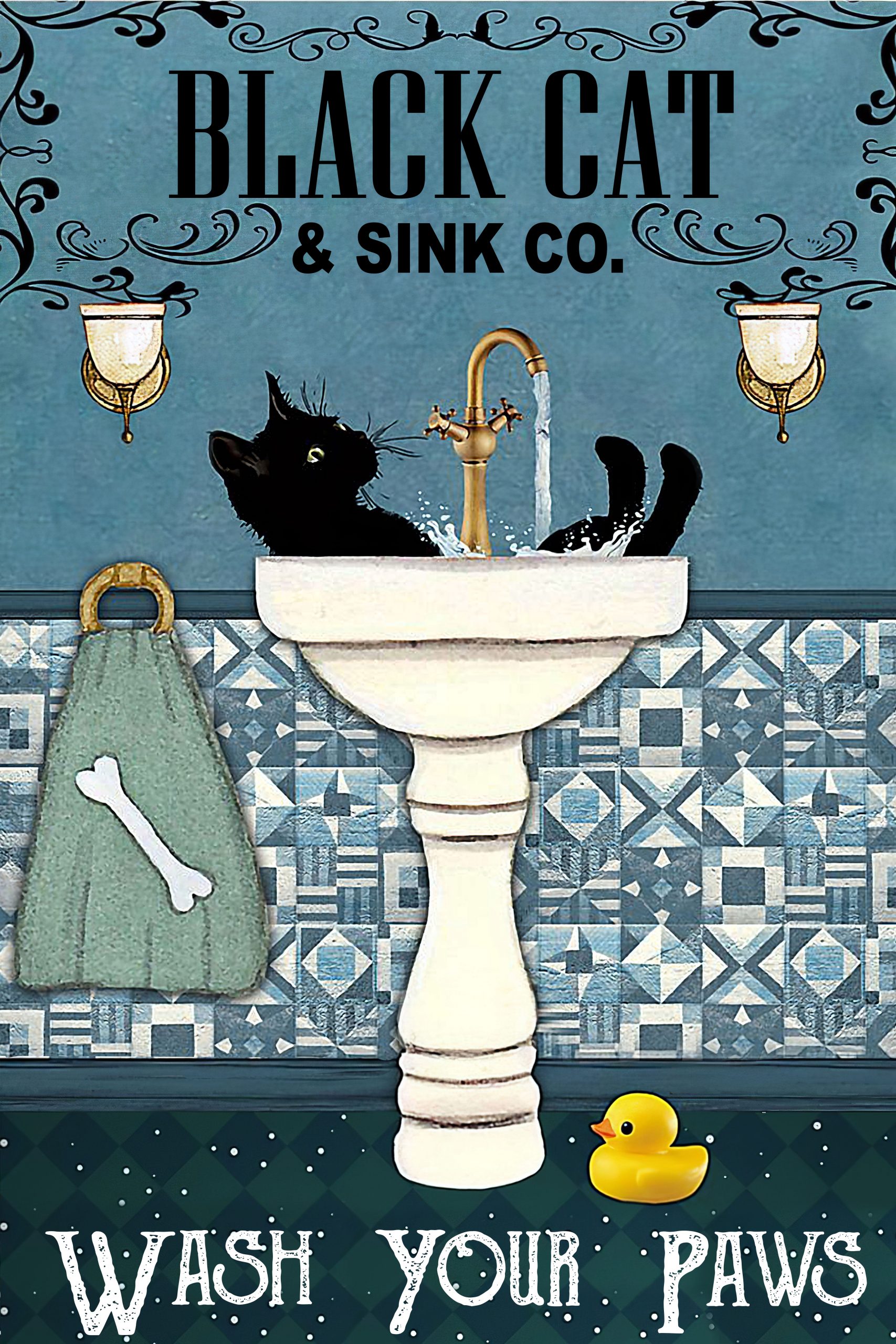 Black cat and sink co wash your paws poster