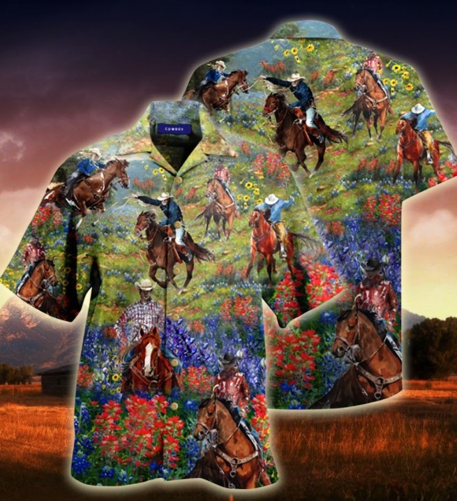 Bluebonnet and texas cowboy hawaiian shirt