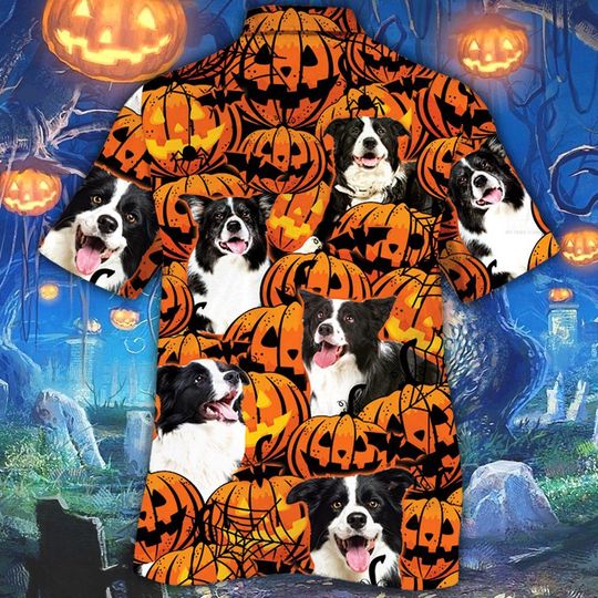 Border collie dog halloween pumpkin hawaiian shirt1