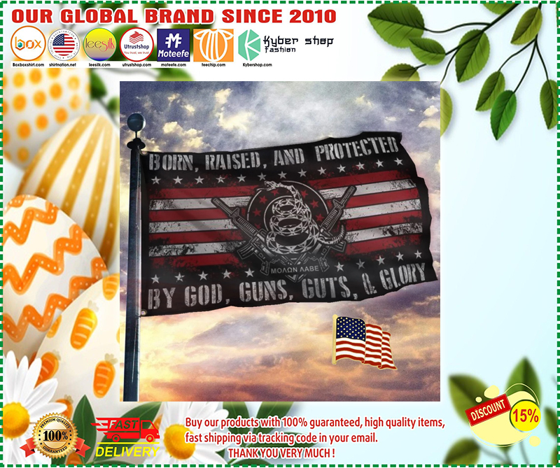 Born raised and protected by god guns guts and glory american flag