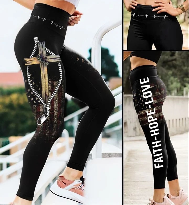 Cross faith hope love American flag legging