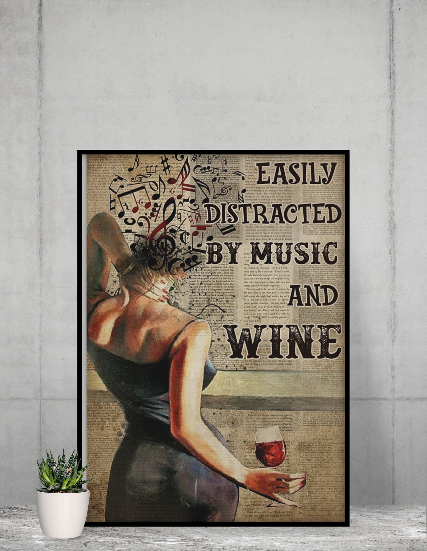 Girl easily distracted by music and wine poster