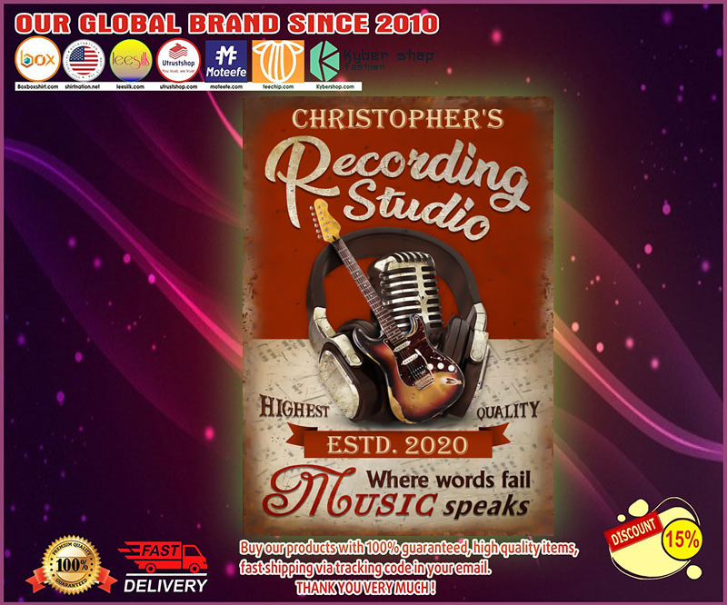 Guitar recording studio where words fail music speaks custom name poster