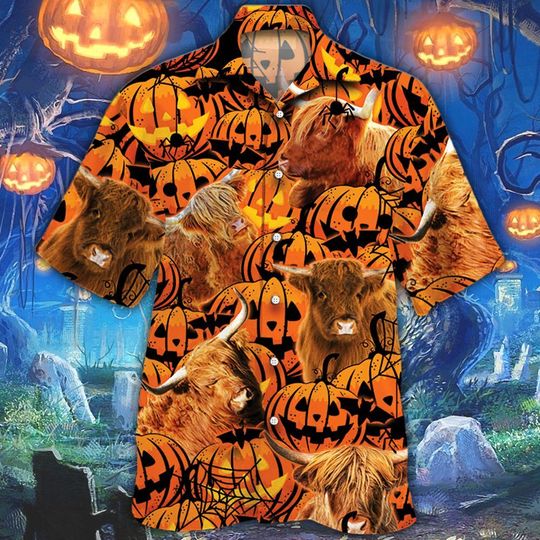 Highland cattle halloween pumpkin hawaiian shirt