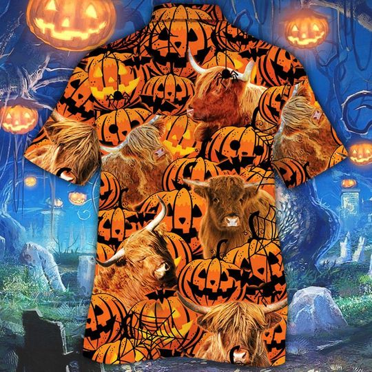 Highland cattle halloween pumpkin hawaiian shirt1 Highland cattle halloween pumpkin hawaiian shirt1