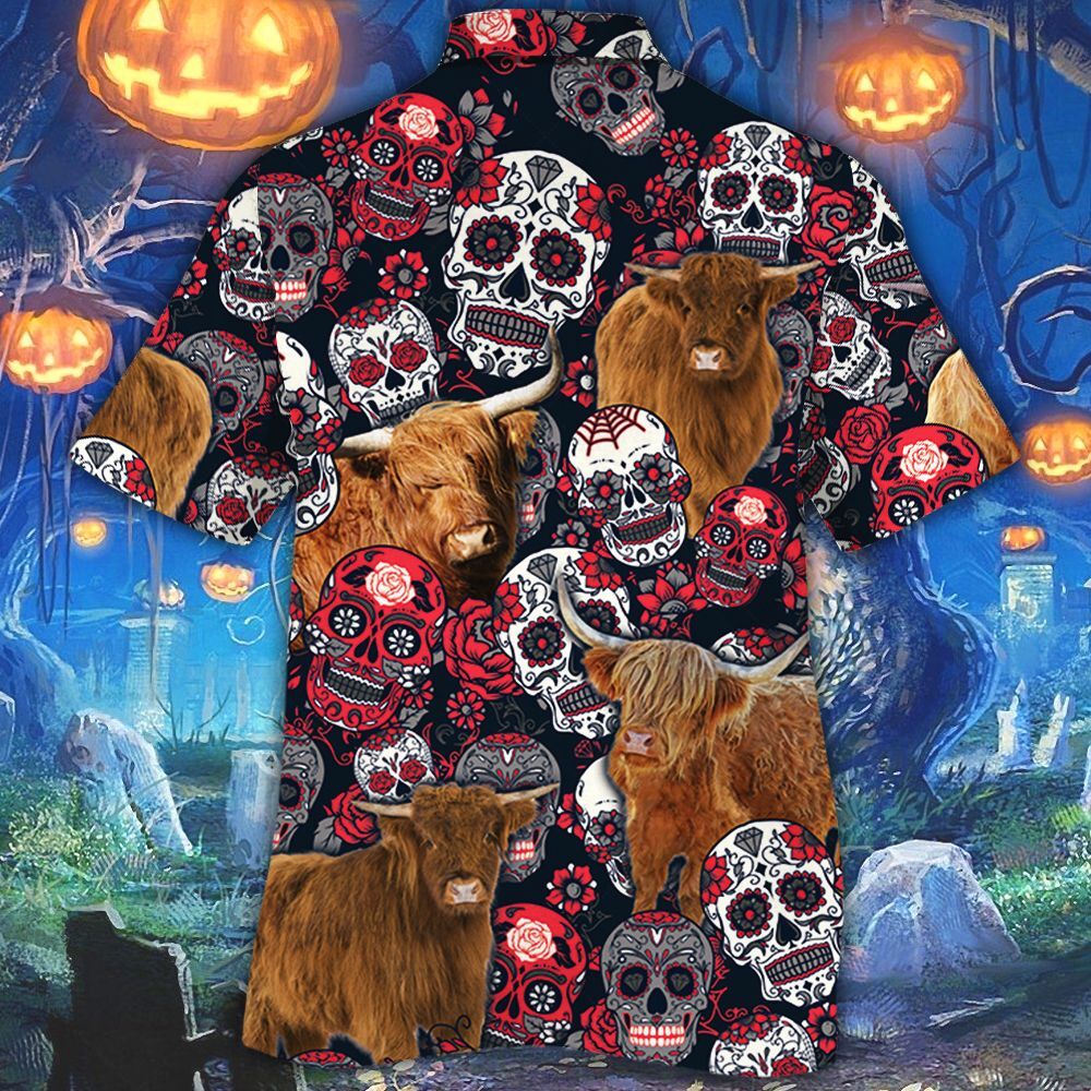 Highland cattle sugar skull floral hawaiian shirt1 Highland cattle sugar skull floral hawaiian shirt1
