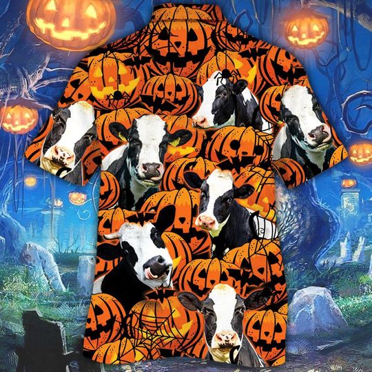 Holstein friesian cattle halloween pumpkin hawaiian shirt1 Holstein friesian cattle halloween pumpkin hawaiian shirt1