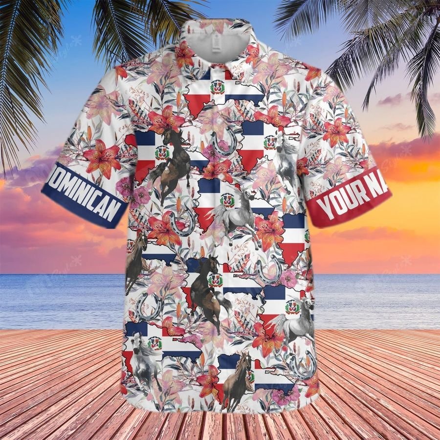 Horse Foliage Dominican Flag Pattern Custom Name Hawaii Shirt 2 Horse Foliage Dominican Flag Pattern Custom Name Hawaii Shirt
