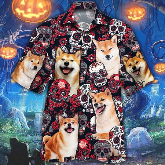 Shiba Inu dog sugar skull floral hawaiian shirt