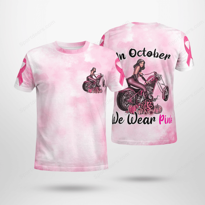 Motorcycle girl In October We Wear Pink Sweatshirt And Shirt