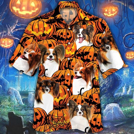 Papillon dog halloween pumpkin hawaiian shirt