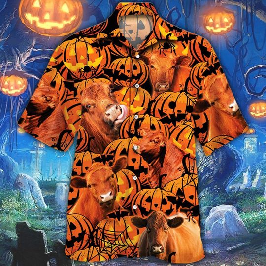 Red angus cattle halloween pumpkin hawaiian shirt 1 Red angus cattle halloween pumpkin hawaiian shirt