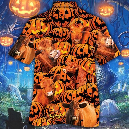 Red angus cattle halloween pumpkin hawaiian shirt1 Red angus cattle halloween pumpkin hawaiian shirt1