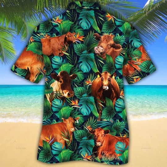 Red angus cattle lovers tropical leaves hawaiian shirt1