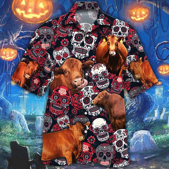 Red angus cattle sugar skull floral hawaiian shirt
