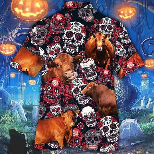 Red angus cattle sugar skull floral hawaiian shirt1 Red angus cattle sugar skull floral hawaiian shirt1