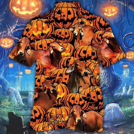 Red brahman cattle halloween pumpkin hawaiian shirt1 Red brahman cattle halloween pumpkin hawaiian shirt1