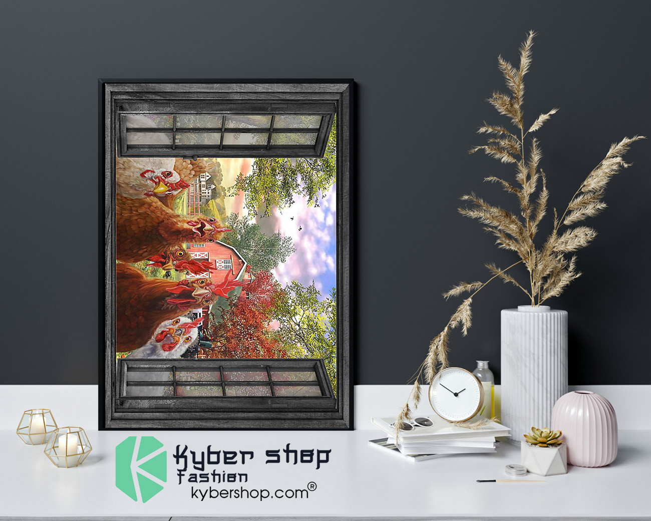 Rooster farmer window view poster 4